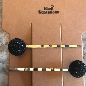 Set of 2 hair clips pins black glitter handmade